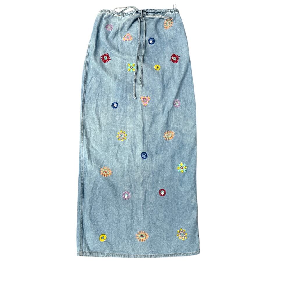 Zara Embroidered Mirror Floral Denim Maxi Skirt Western Festival Hippe Artsy